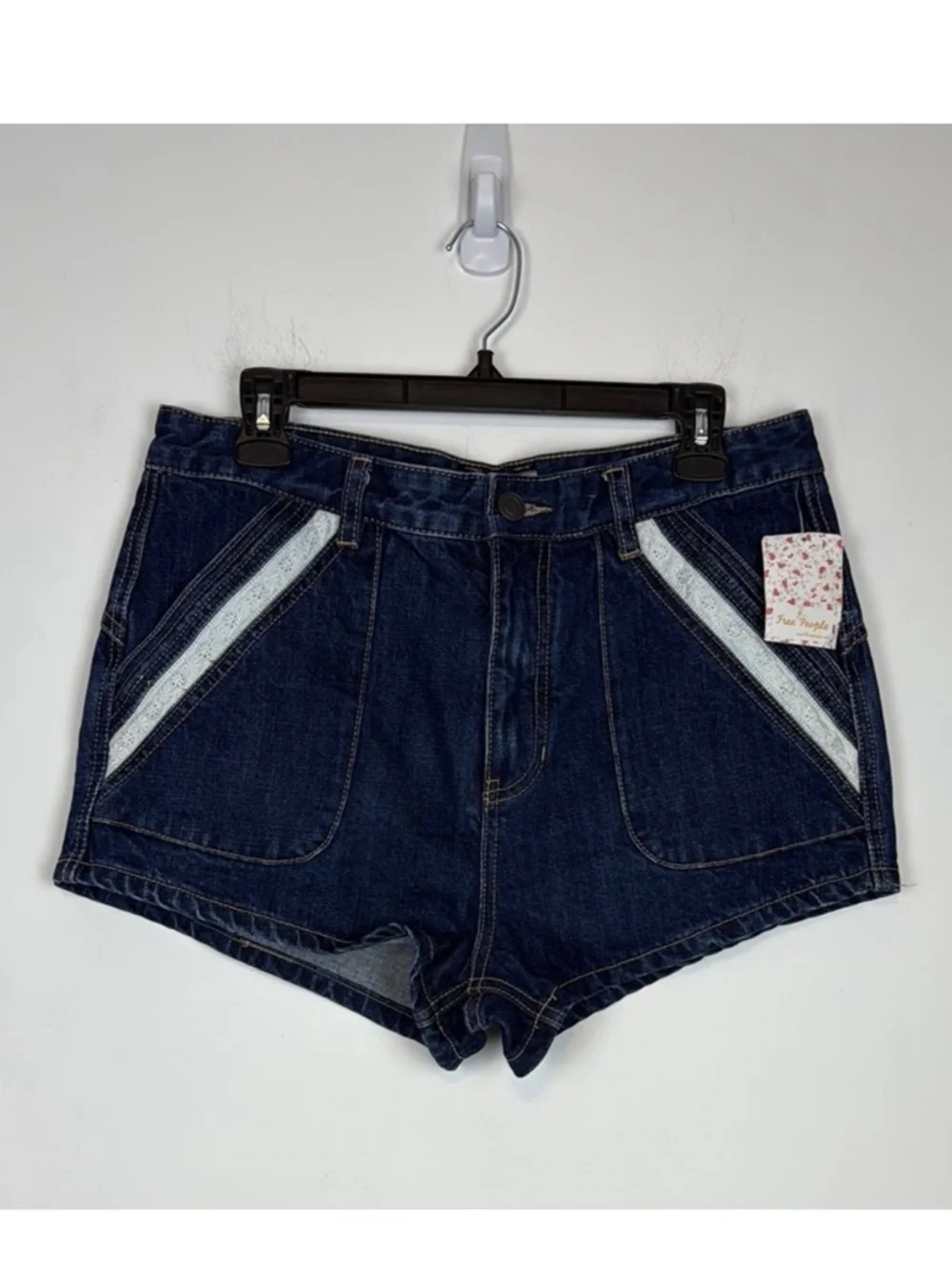 Free People Sweet Surrender Lace Trim Denim Shorts. Size 30. Dark Wash. NWT